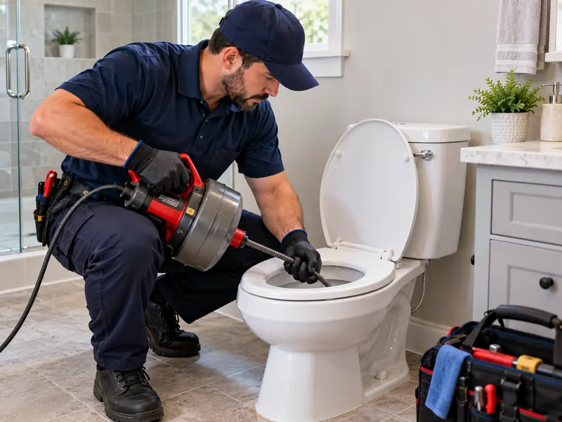 Plumber feeding a drain auger cable into a clogged toilet bowl