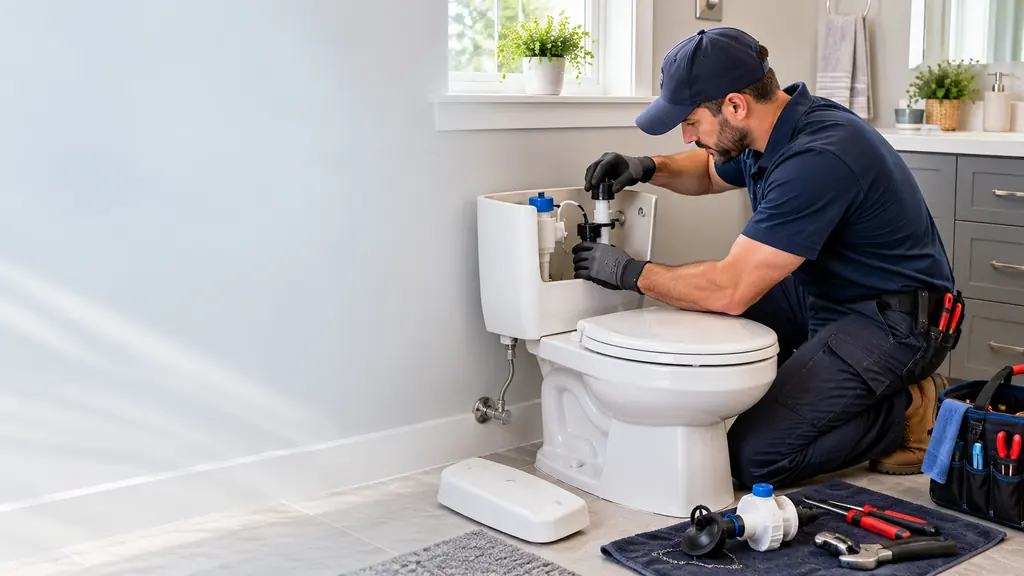Plumber replacing the flush valve inside a toilet tank in a bright Whittier-area bathroom