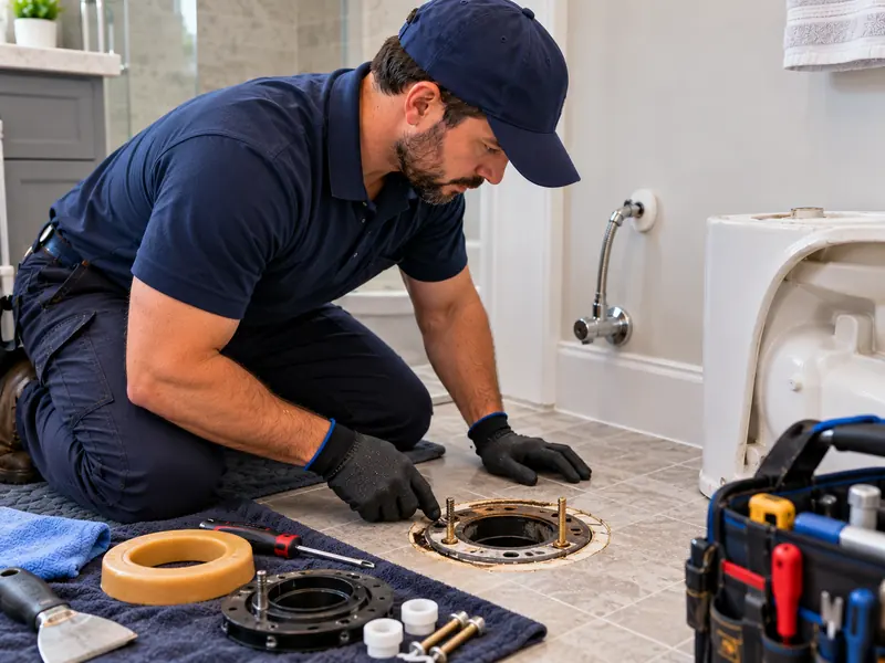 Plumber inspecting a damaged toilet flange in the floor with a new wax ring and flange nearby