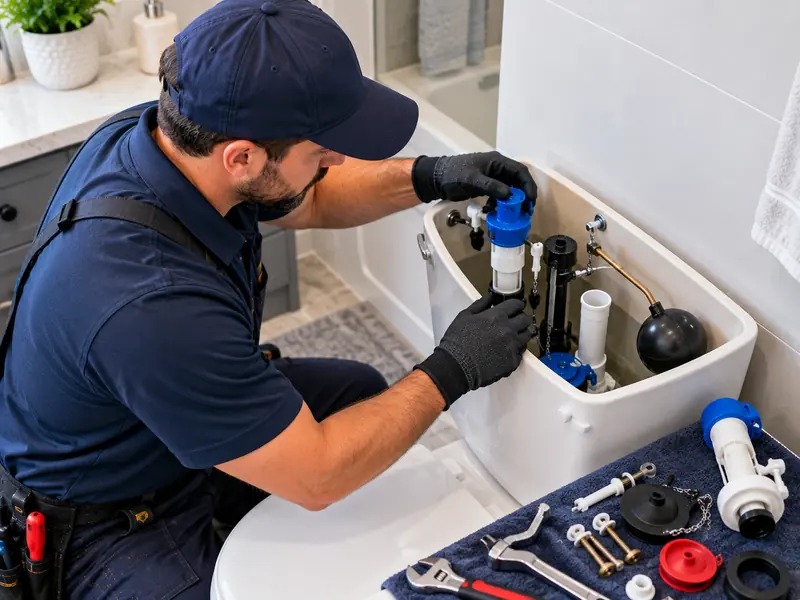 Plumber installing a new fill valve with replacement toilet tank parts laid out on a towel