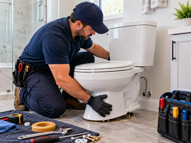 Plumber setting a new toilet in place with a wax ring and tools on a mat nearby