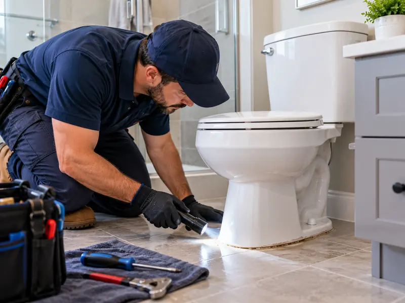 Plumber using a flashlight to inspect water pooling at the base of a toilet