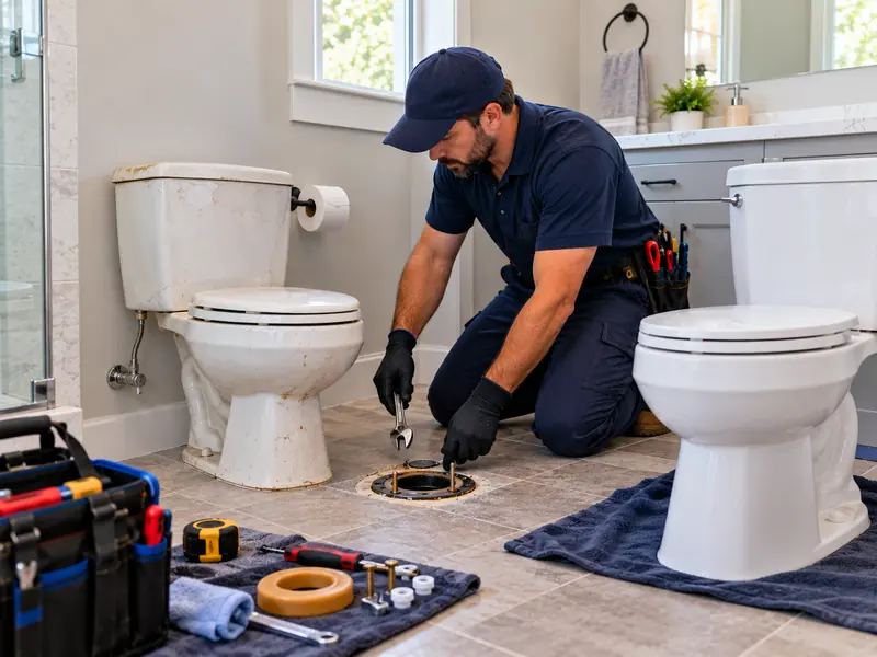 Plumber preparing a floor flange beside an old toilet and a new replacement toilet