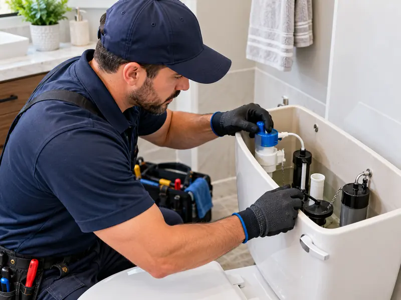 Plumber replacing a toilet fill valve inside an open tank