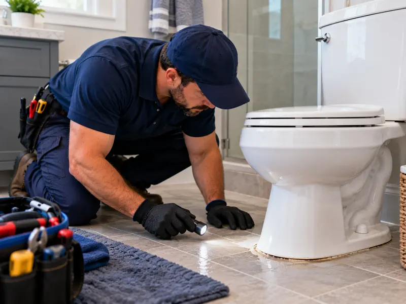 Plumber checking the floor around a toilet base for signs of a leak